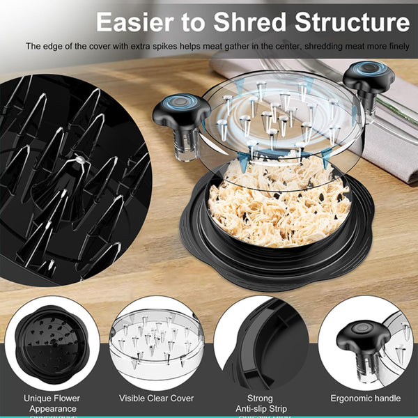 Chicken Shredder Tool Twist Large Meat Shredder with Ergonomic Handle, Anti-Slip Base, BPA-Free Visible Lid, Dishwasher Safe Perfect for Shredding Chicken, Pork, Beef, Tacos, BBQ
