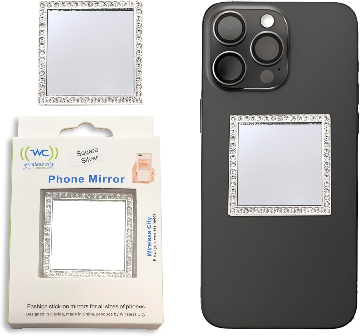 Wireless City Diamond Bling Makeup Mirror for Phone Case - Silver, Stick-On Vanity Mirror With Cubic Zirconia Stones, Universal Wireless City Diamond Bling Makeup Mirror for Phone Case - Silver, Stick-On Vanity Mirror With Cubic Zirconia Stones, Universal