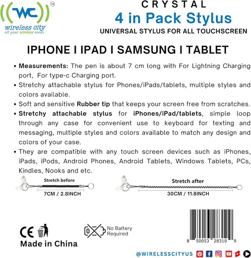 Stylet capacitif universel pour écran tactile en cristal Interaction tactile sans effort pour les personnes âgées sur iPhone, iPad, Samsung et tablettes. Pack 4 en 1