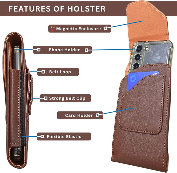 Leather Vertical Phone Holster for Men Belt Clip/Loop – Fits iPhone 11–16 Pro, Galaxy S25–S9, A54–A10, Pixel 9–7A – Vertical Cell Phone Case Holder for Belt with Magnetic Closure (Brown, Medium)