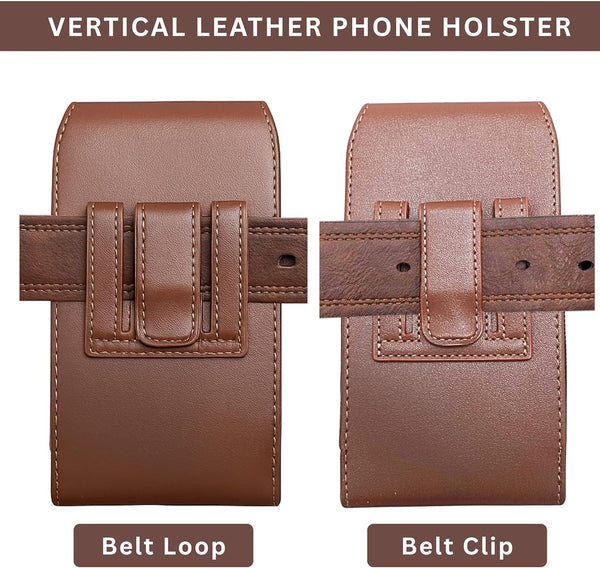 Leather Vertical Phone Holster for Men Belt Clip/Loop – Fits iPhone 11–16 Pro, Galaxy S25–S9, A54–A10, Pixel 9–7A – Vertical Cell Phone Case Holder for Belt with Magnetic Closure (Brown, Medium)