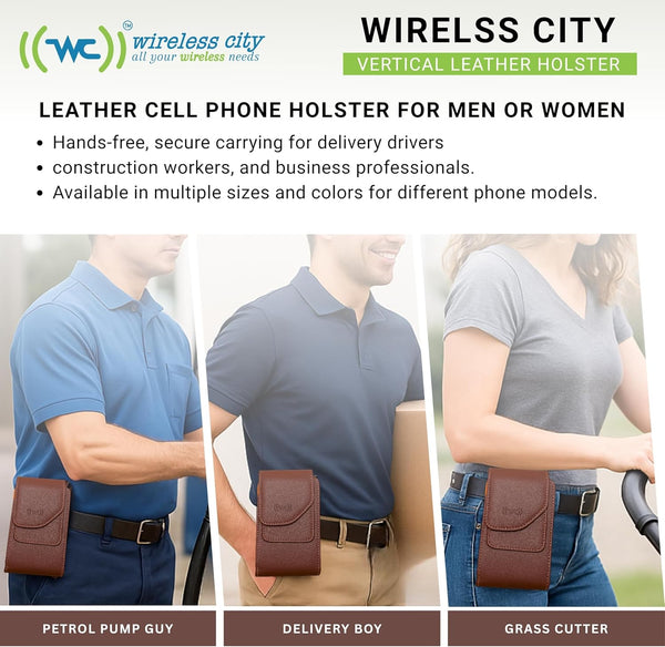 Leather Vertical Phone Holster for Men Belt Clip/Loop – Fits iPhone 11–16 Pro, Galaxy S25–S9, A54–A10, Pixel 9–7A – Vertical Cell Phone Case Holder for Belt with Magnetic Closure (Brown, Medium)