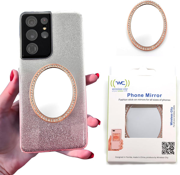 Miroir de maquillage sans fil City Diamond Bling pour étuis de téléphone – Miroir autocollant pour iPhone, Galaxy et tous les étuis de téléphone portable – Miroir compact et élégant pour les retouches en déplacement