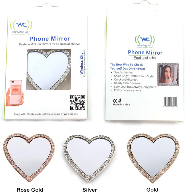 Wireless City Diamond Bling Makeup Mirror for Phone Cases Phone Mirror for Makeup (Heart Shape Phone Mirror Rose Gold)