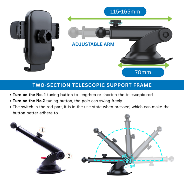 Adjustable long arm car phone mount with 360 rotation