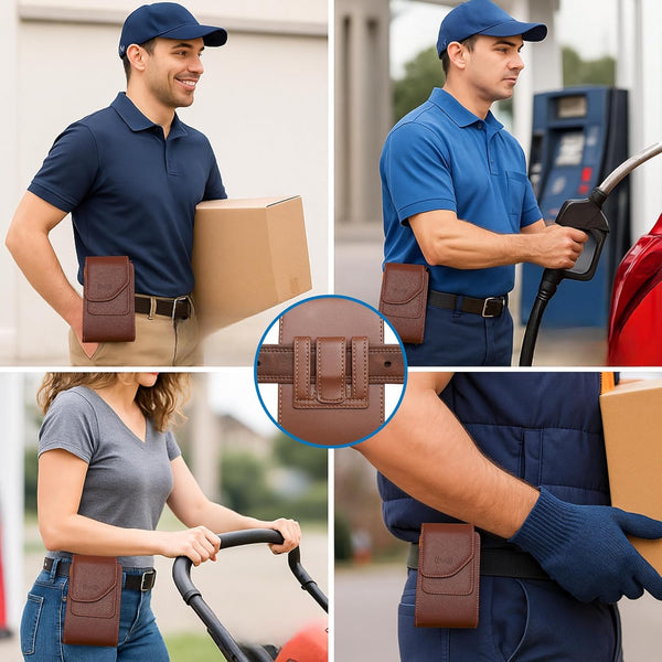 Leather Vertical Phone Holster for Men Belt Clip/Loop – Fits iPhone 11–16 Pro, Galaxy S25–S9, A54–A10, Pixel 9–7A – Vertical Cell Phone Case Holder for Belt with Magnetic Closure (Brown, Medium)