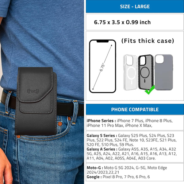 Leather Vertical Phone Holster for Men Belt Clip/Loop – Fits iPhone 11–16 Pro, Galaxy S25–S9, A54–A10, Pixel 9–7A – Vertical Cell Phone Case Holder for Belt with Magnetic Closure(Black, Medium)