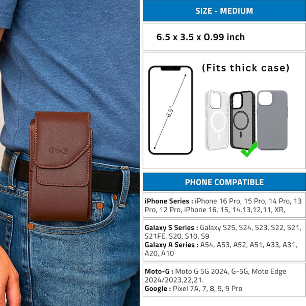 Leather Vertical Phone Holster for Men Belt Clip/Loop – Fits iPhone 11–16 Pro, Galaxy S25–S9, A54–A10, Pixel 9–7A – Vertical Cell Phone Case Holder for Belt with Magnetic Closure (Brown, Medium)