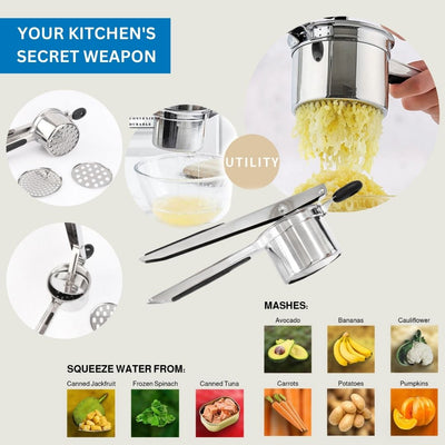 Potato Ricer - Heavy-Duty Stainless-Steel Masher & Ricer Tool for Fluffy Mashed Potatoes, Baby Food & Vegetables - Ergonomic Anti-Slip Handles, Dishwasher Safe