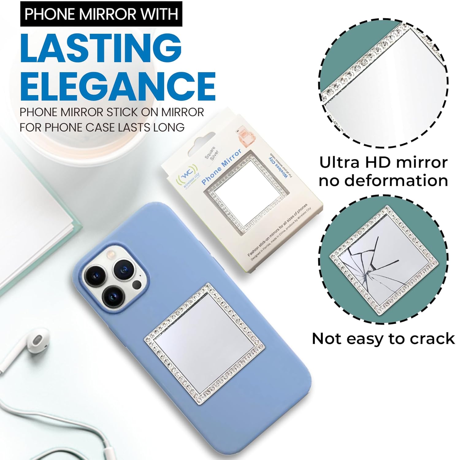 Wireless City Diamond Bling Makeup Mirror for Phone Case - Silver, Stick-On Vanity Mirror With Cubic Zirconia Stones, Universal Wireless City Diamond Bling Makeup Mirror for Phone Case - Silver, Stick-On Vanity Mirror With Cubic Zirconia Stones, Universal