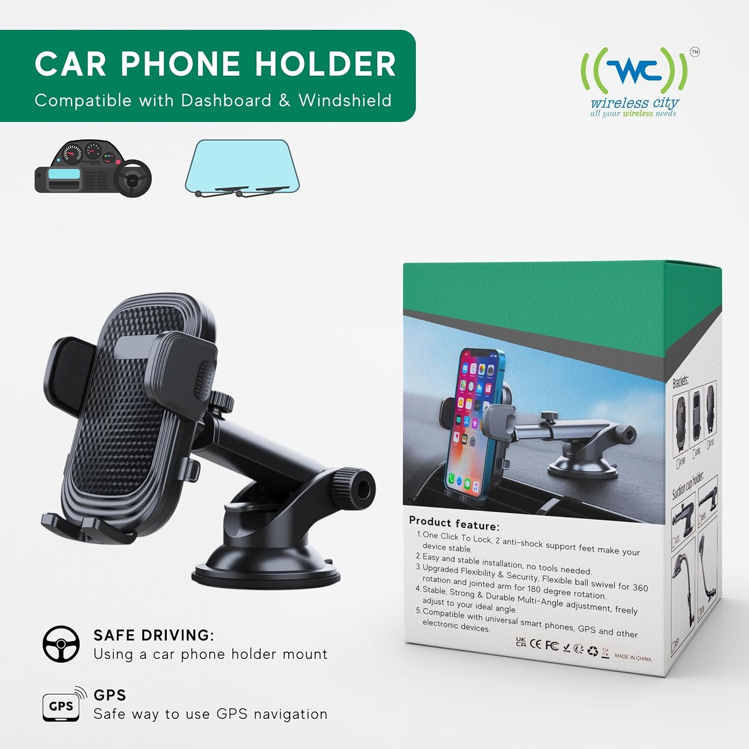 Wireless City Car Phone Holder, Ultra Stable, Big Phones & Thick Case Wireless City Car Phone Holder, Ultra Stable, Big Phones & Thick Case