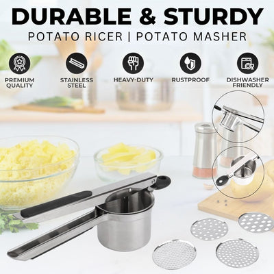 Potato Ricer - Heavy-Duty Stainless-Steel Masher & Ricer Tool for Fluffy Mashed Potatoes, Baby Food & Vegetables - Ergonomic Anti-Slip Handles, Dishwasher Safe
