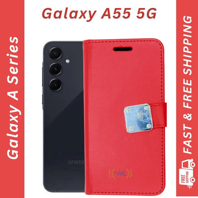 Galaxy A55 5G Wallet Case – Premium PU Leather & TPU, Card Holder, Hand Strap, and Stand Feature
