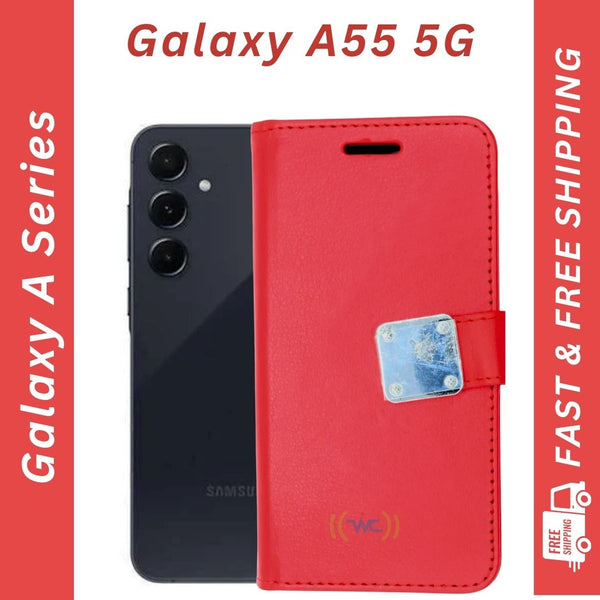 Galaxy A55 5G Wallet Case – Premium PU Leather & TPU, Card Holder, Hand Strap, and Stand Feature