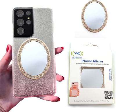 Wireless City Diamond Bling Makeup Mirror for Phone Cases Phone Mirror for Makeup (Oval Shape Phone Mirror Gold)