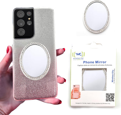 Wireless City Diamond Bling Makeup Mirror for Phone Cases Phone Mirror for Makeup (Oval Shape Phone Mirror Silver)