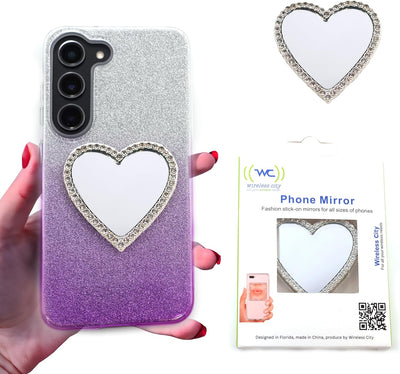 Wireless City Diamond Bling Makeup Mirror for Phone Cases Phone Mirror for Makeup (Heart Shape Phone Mirror Silver)