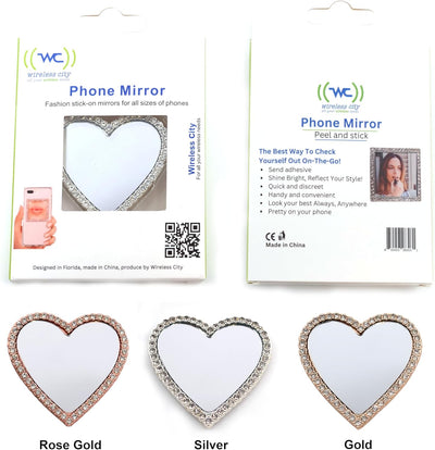 Miroir de maquillage sans fil City Diamond Bling pour étuis de téléphone – Miroir autocollant pour iPhone, Galaxy et tous les étuis de téléphone portable – Miroir compact et élégant pour les retouches en déplacement