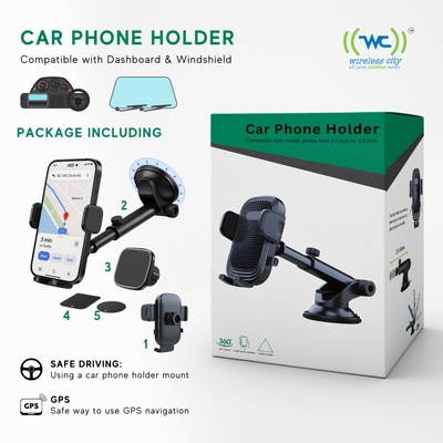 Wireless City Car Phone Holder Mount – Strong Suction Dashboard & Windshield, 360° Rotation, Magnetic or Clamp, Fits 4.0″–7.2″ Phones