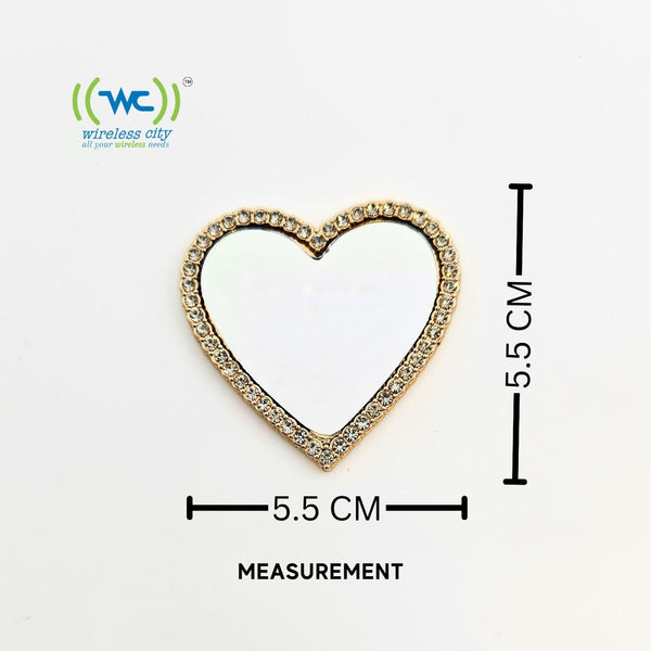 Wireless City heart-shaped stick-on mirror with rhinestone border, 5.5cm. Gold finish.