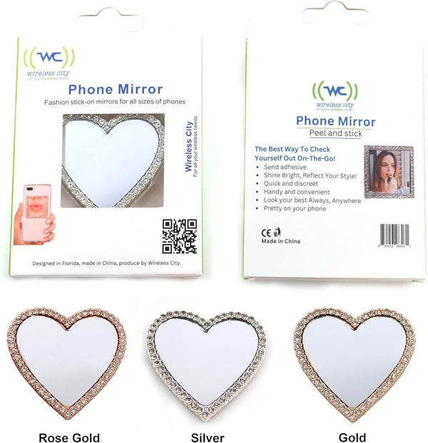 Wireless City heart-shaped stick-on phone mirror with rhinestone border, available in rose gold, silver, and gold.
