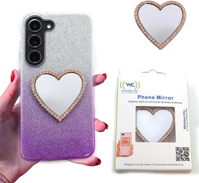 Wireless City heart-shaped stick-on mirror with rhinestone border for phone cases. Rose gold finish.