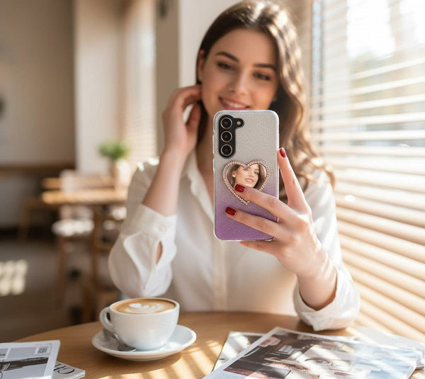 Wireless City heart-shaped stick-on mirror with rhinestone border for phone cases, Rose Gold finish.