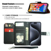Wireless City black PU leather wallet case for iPhone 17 with card slots, cash pocket, hand strap, and stand feature.