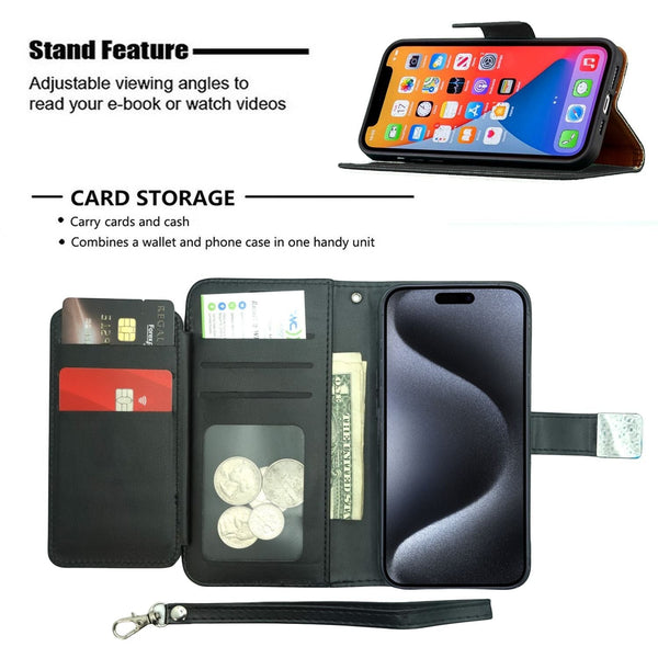 Wireless City black PU leather wallet case for iPhone 17 with card slots, cash pocket, hand strap, and stand feature.