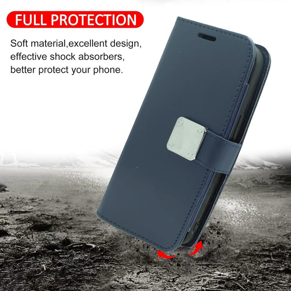 Wireless City dark blue PU leather wallet case for iPhone 17 with card slots and hand strap.