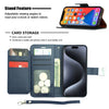 Wireless City navy blue PU leather wallet case for iPhone 17 with card slots, cash pocket, and hand strap.