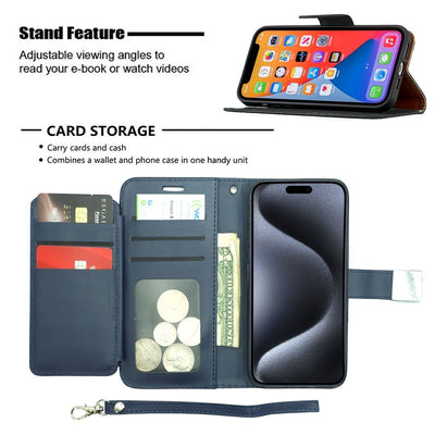 Wireless City navy blue PU leather wallet case for iPhone 17 with card slots, cash pocket, and hand strap.