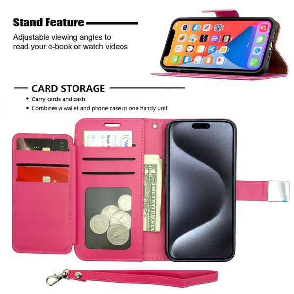 Wireless City pink PU leather wallet case for iPhone 17 with card slots, cash holder, and detachable hand strap.
