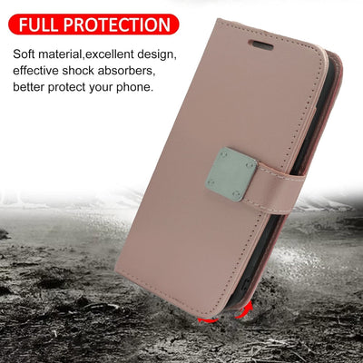 Wireless City pink PU leather wallet case for iPhone 17 with card slots and hand strap.