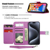 Wireless City purple PU leather wallet case for iPhone 17 with card slots, cash holder, and detachable hand strap.
