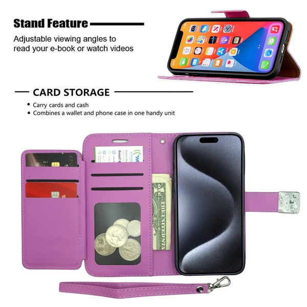 Wireless City purple PU leather wallet case for iPhone 17 with card slots, cash holder, and detachable hand strap.