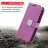 Wireless City purple PU leather wallet case for iPhone 17 with card slots and hand strap.