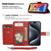 Wireless City red PU leather wallet case for iPhone 17 with card slots, cash pocket, and detachable hand strap.