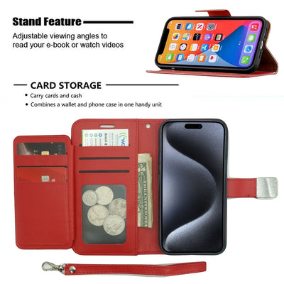 Wireless City red PU leather wallet case for iPhone 17 with card slots, cash pocket, and detachable hand strap.