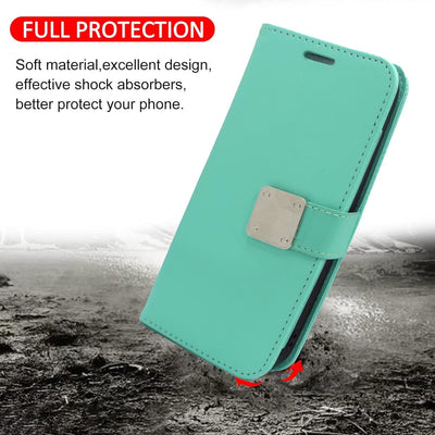 Wireless City teal PU leather wallet case for iPhone 17 with card slots and hand strap.