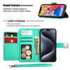 Wireless City Wallet Case for iPhone 17 in teal PU leather with card slots, cash pocket, and hand strap. Features stand function.