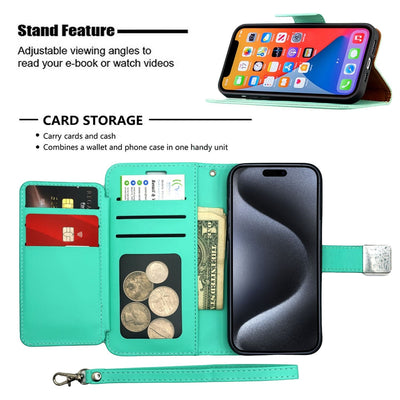 Wireless City Wallet Case for iPhone 17 in teal PU leather with card slots, cash pocket, and hand strap. Features stand function.